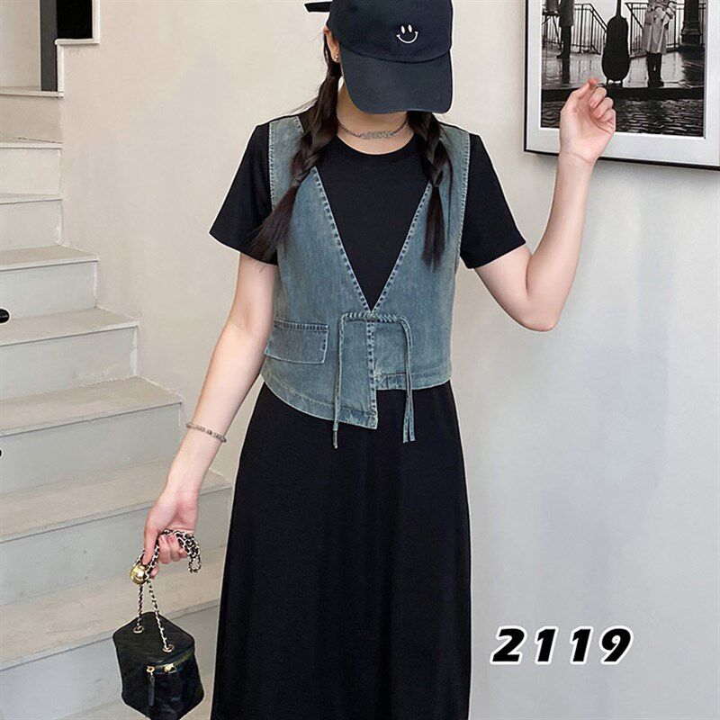 2024新款女装长款连衣裙短袖裙子假两件套国风休闲及膝女士复古裙