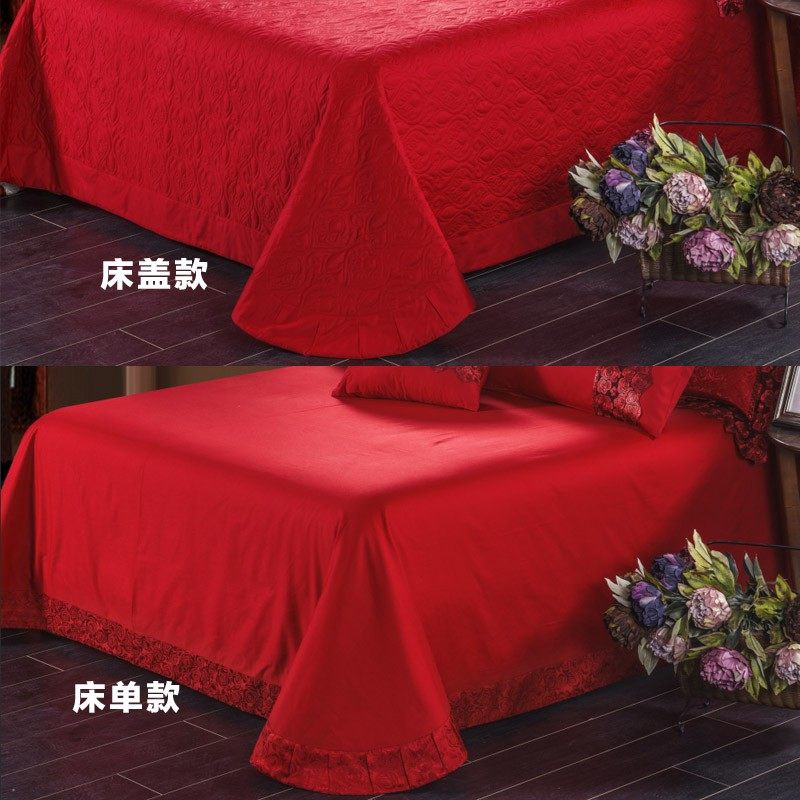 欧式蕾丝婚庆四件套大红贡缎结婚庆床品新婚床上用品六八十多件套