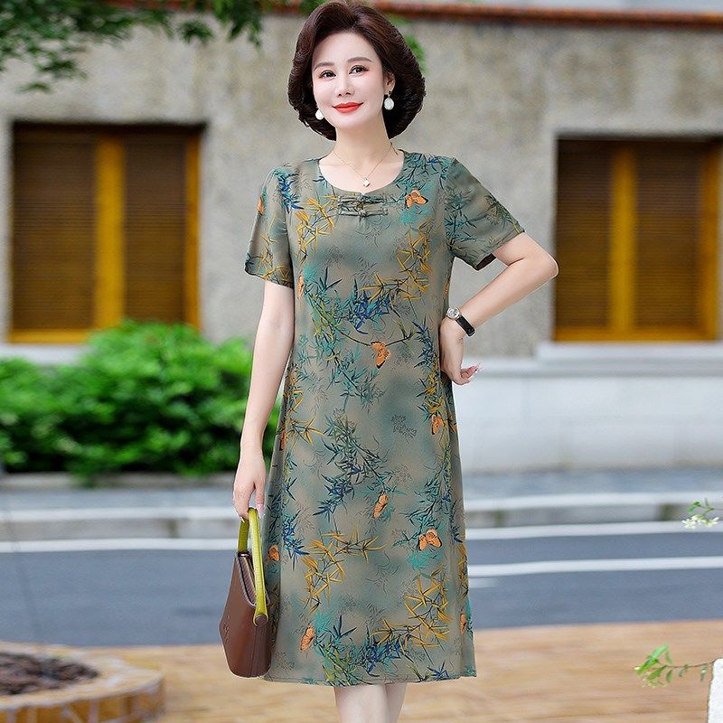妈妈夏季新款短袖连衣裙洋气大码中老年女装宽松过膝裙子遮肚子薄