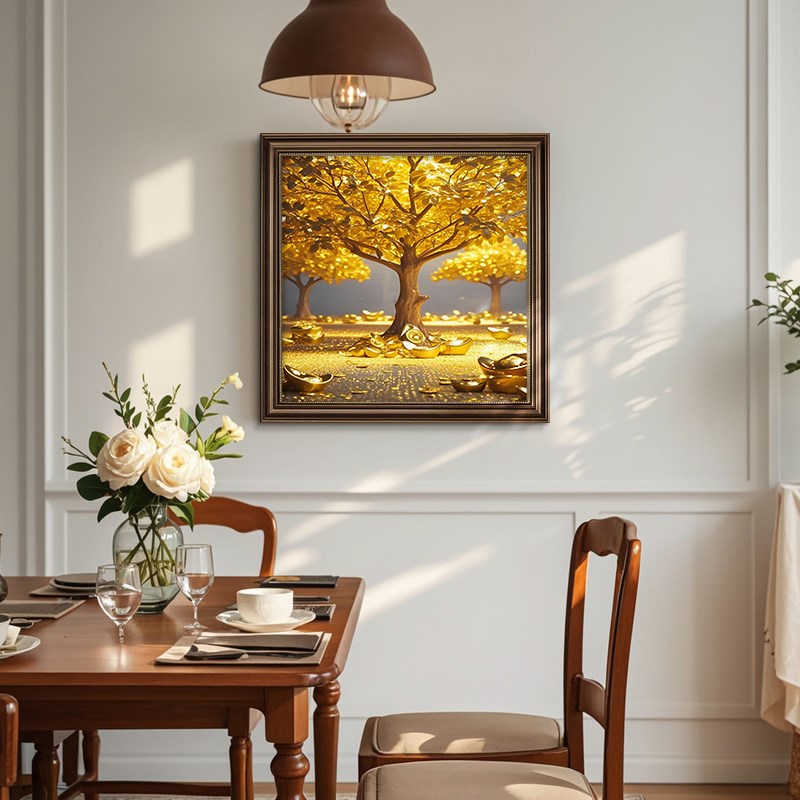 美式发财树玄关装饰画复古油画餐厅背景墙挂画招财进宝壁画高级感