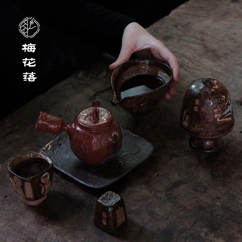 梅花落敦煌手绘套组盖碗主人杯窑变文创茶具送礼粗陶陈培强手作