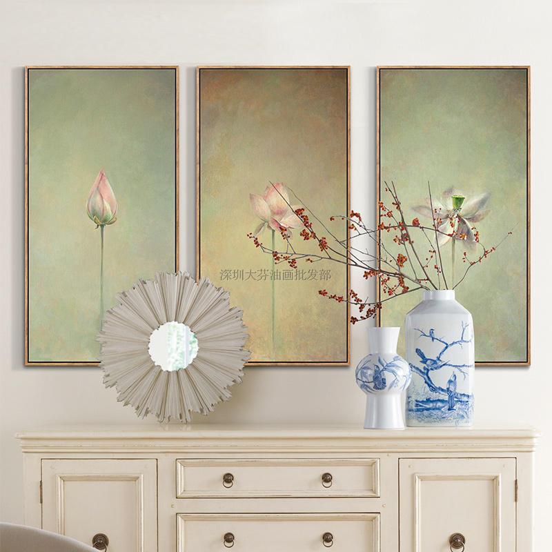 荷韵新中式客厅装饰画沙发背景墙玄关挂画餐厅壁画油画三联水墨画