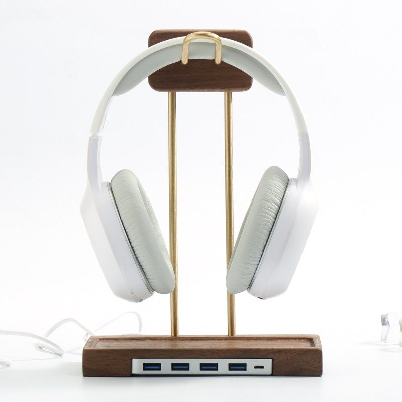 黑胡桃木质挂架黄铜创意耳机置物支架黄铜USB底座头戴式耳机架