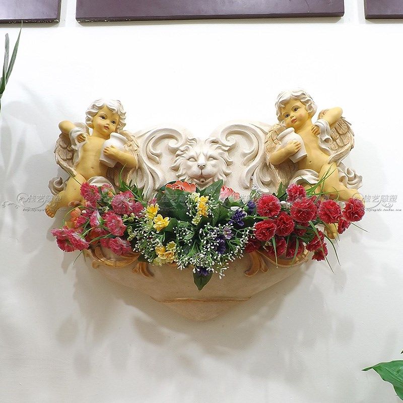 欧式墙壁装饰品小天使挂饰花蓝浮雕壁挂欧式流水喷泉喷水池加湿器