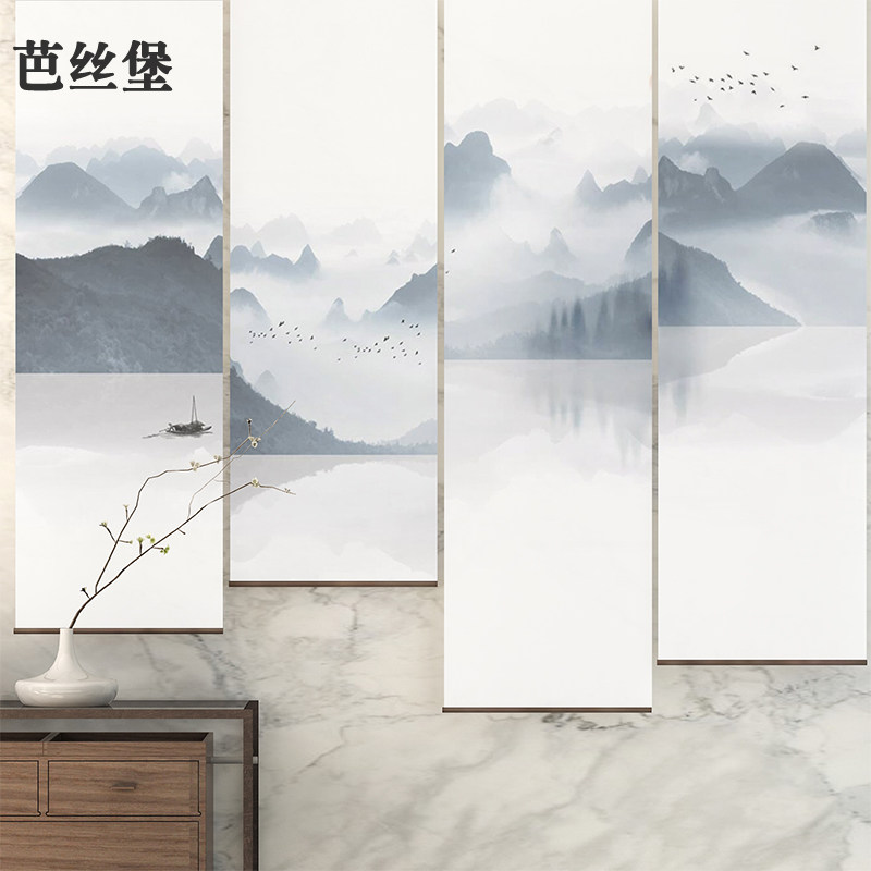 卷帘窗帘隔断帘升降遮光客厅办公室展厅茶室悬挂式软屏风透明山水