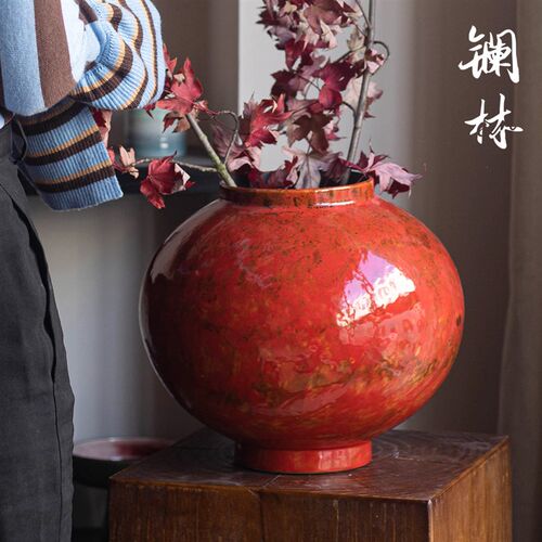 景德镇新中式禅意红色系粗陶罐家居客厅复古干燥树枝水培陶瓷装饰