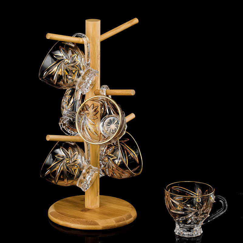 欧式描金玻璃杯 家用下午茶咖啡杯 带把刻花茶杯 透明玻璃杯套装