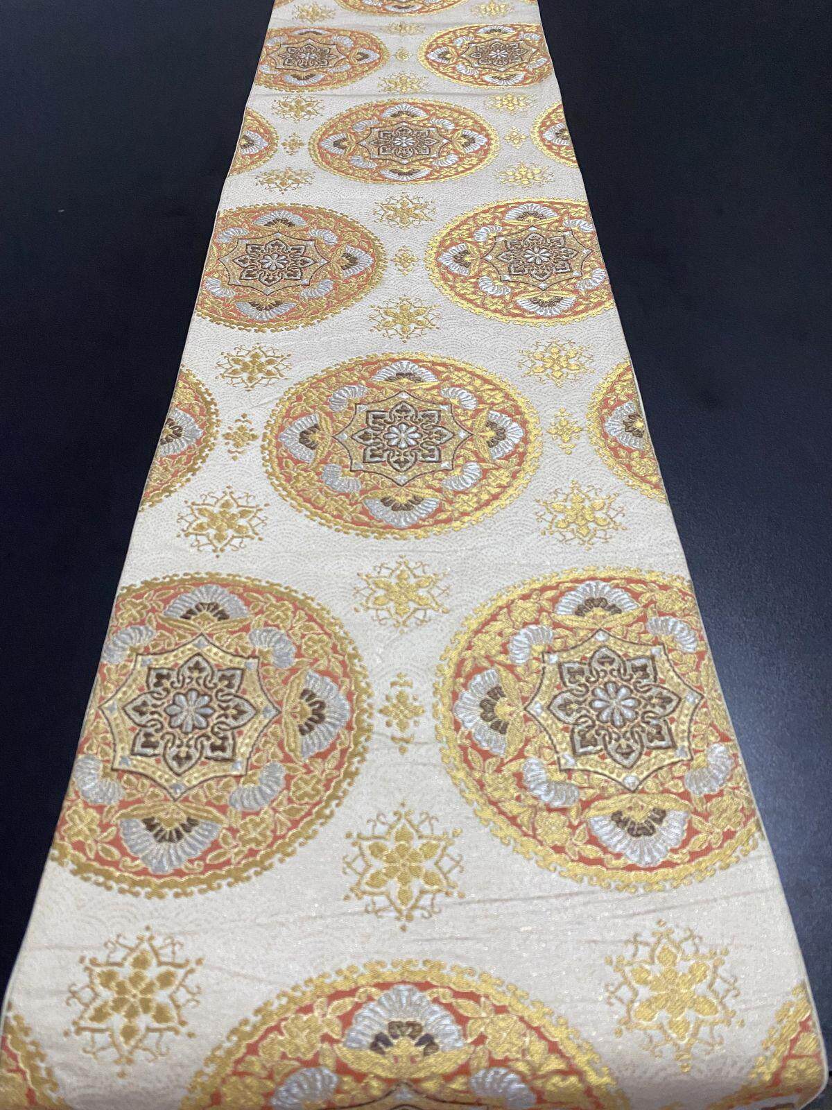 VINTAGE正绢西阵织日式和服六通袋带手工腰带金线装饰茶席桌旗