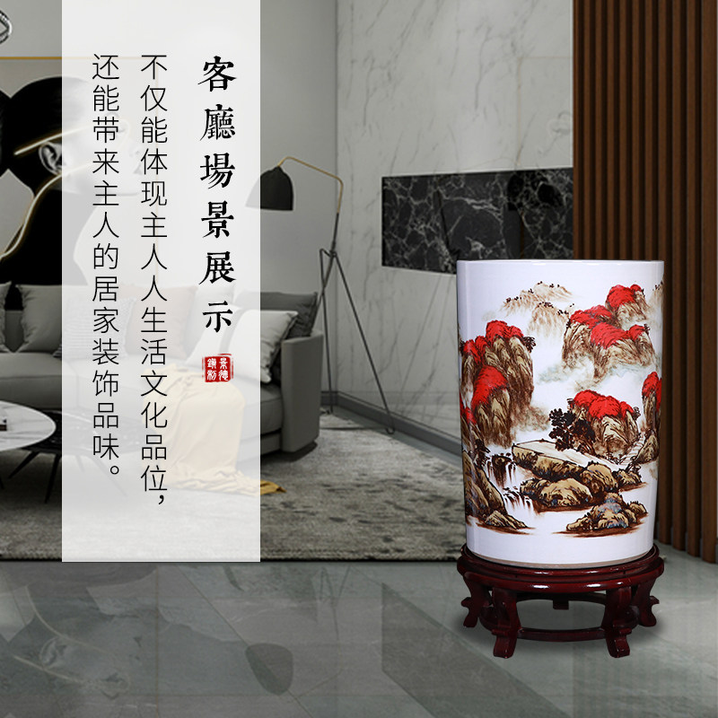 景德镇陶瓷手绘书画缸客厅落地大花瓶箭筒中式书房字画收纳桶摆件
