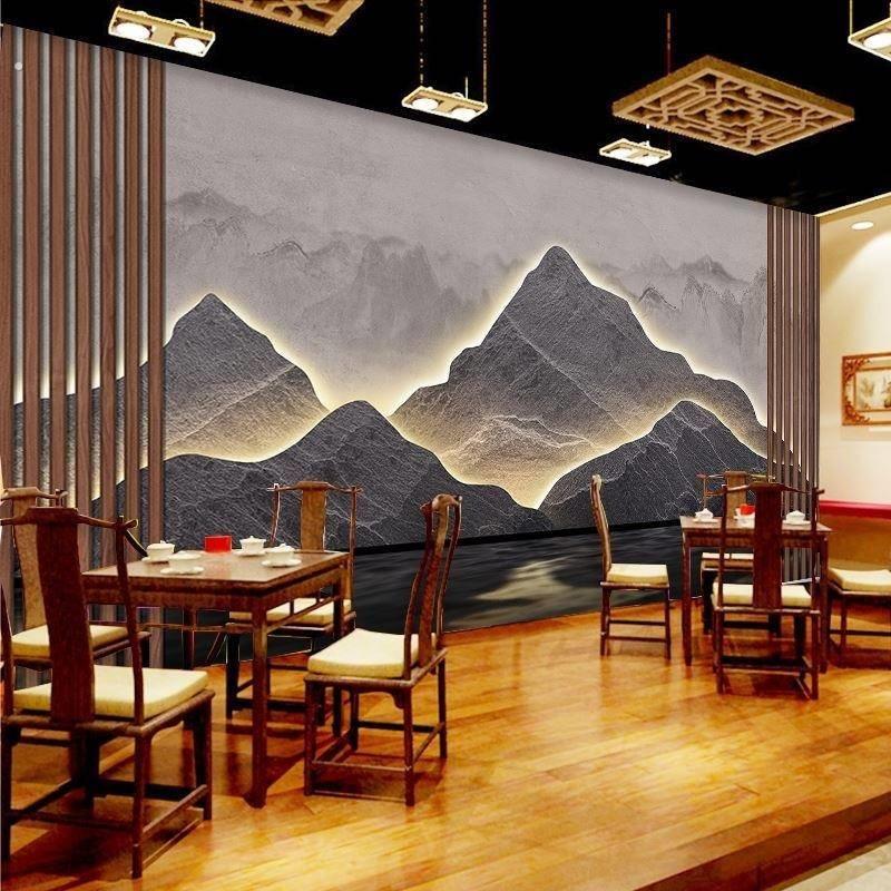 老板办公室山形背景墙壁纸背有靠山新中式岩板岩石山水画假山墙纸