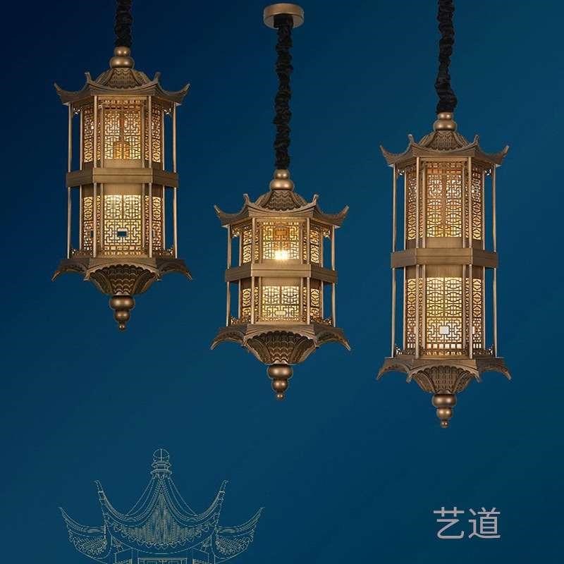 新中式彷古宫殿吊灯中国风古典走廊灯创意茶室吧台六角灯笼镂空