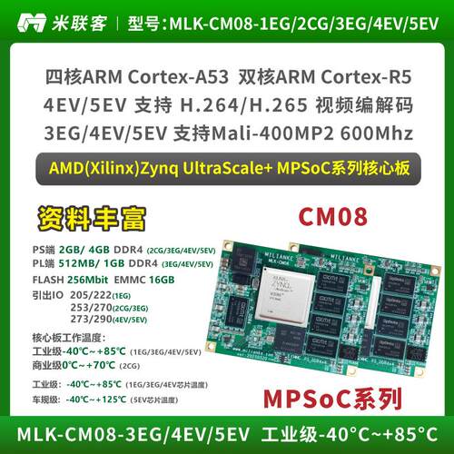 米联客FPGA核心板XILINX-MPSOC-ZU1EG/2CG/3EG/4EV/5EV-MLK-CM08