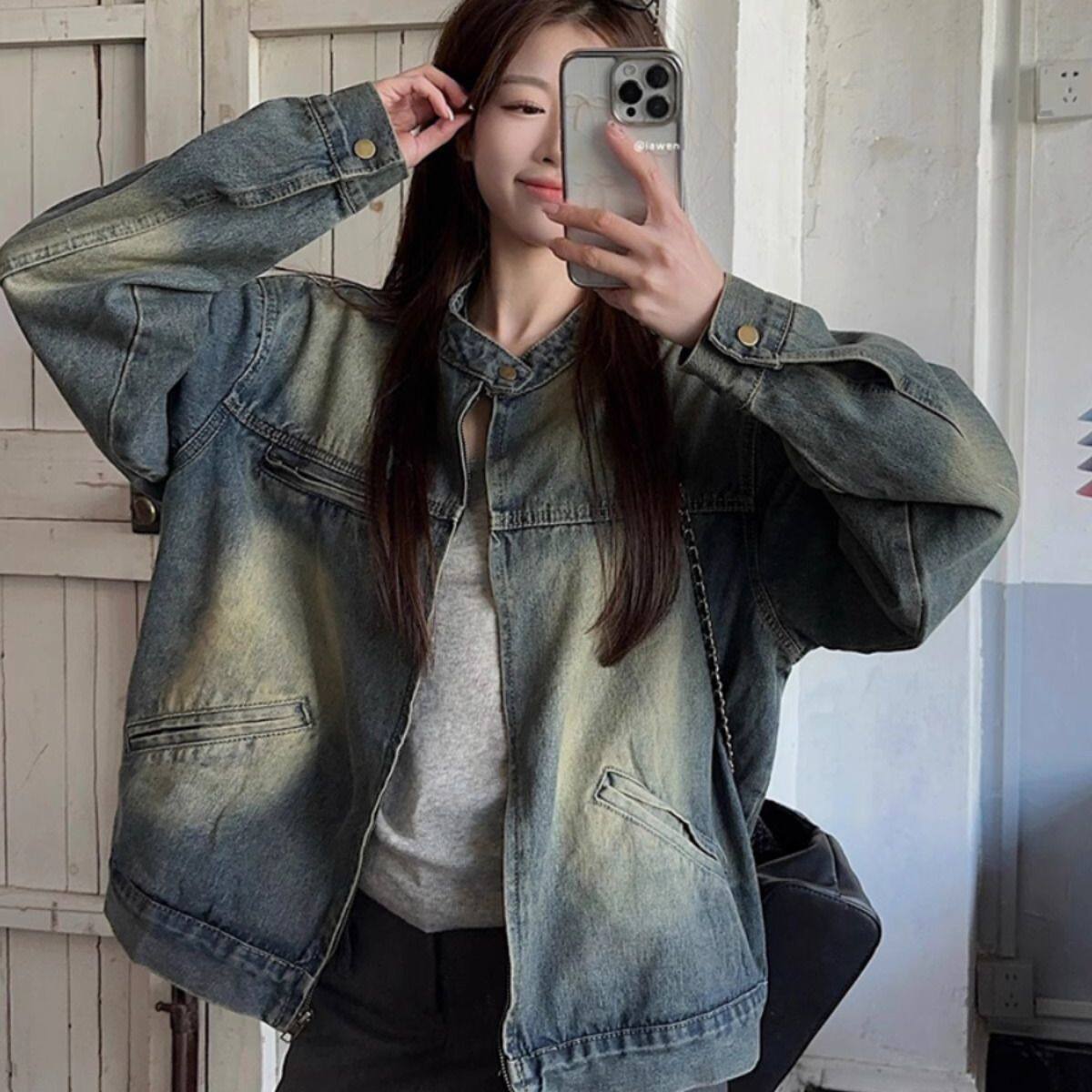 水洗牛仔外套女春秋新款美式复古宽松显瘦休闲百搭拉链夹克上衣潮