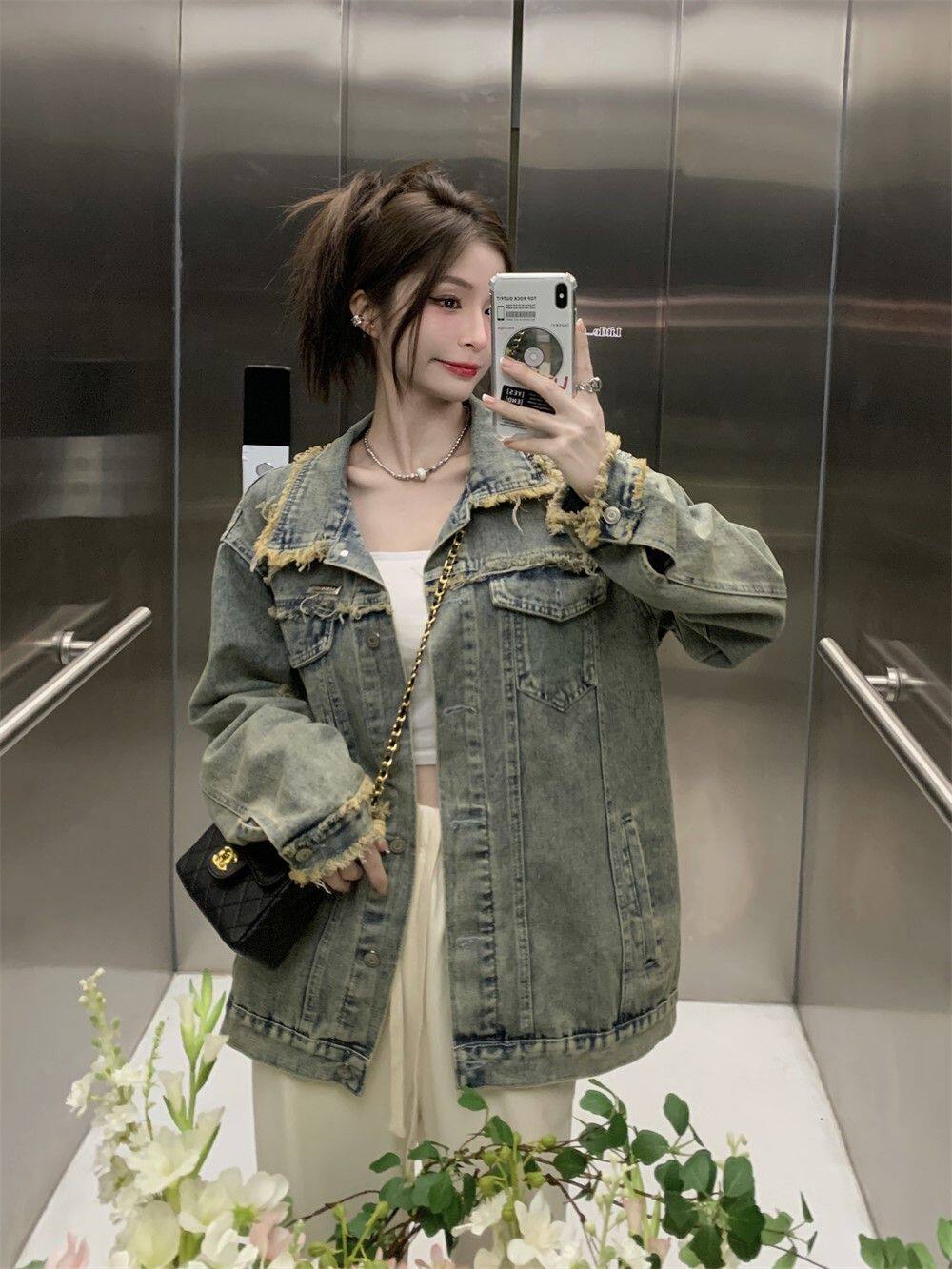 牛仔外套女春秋新款美式高街做旧水洗韩版宽松破洞复古外穿上衣潮