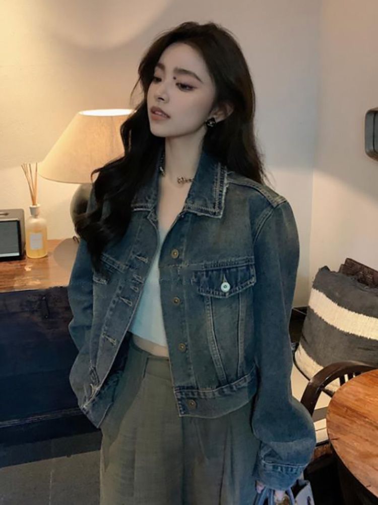 复古百搭浅色渐变短款牛仔外套女春秋薄款开衫外套设计感宽松上衣