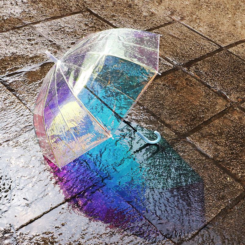 炫彩伞镭射加固抗风加大可爱家用长柄网红结实耐用透明雨伞手动款图片