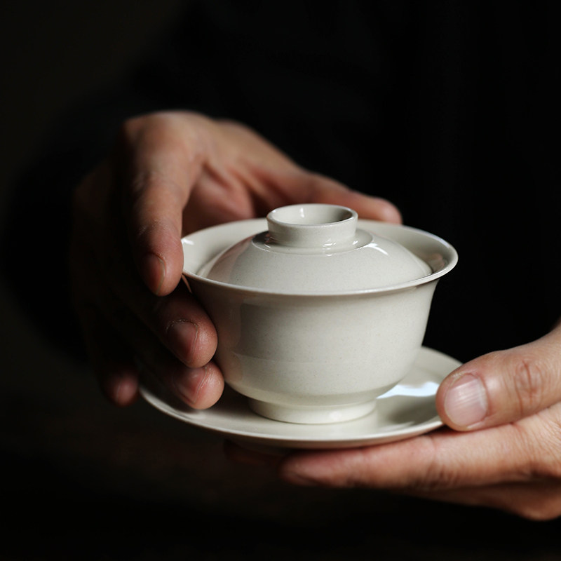 景德镇手工陶瓷盖碗带碟防烫泡茶碗草木灰三才碗盖杯功夫茶具套装