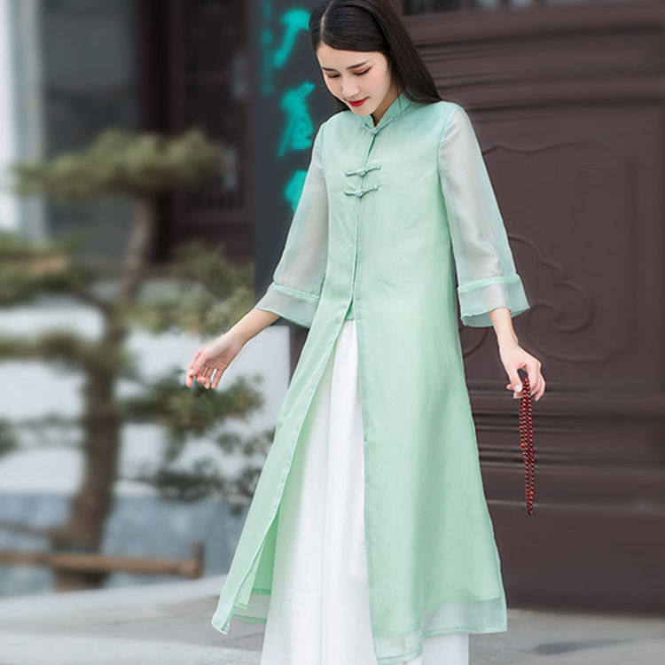 夏装禅意茶服复古汉服女套装中国风民族古风改良旗袍两件套连衣裙