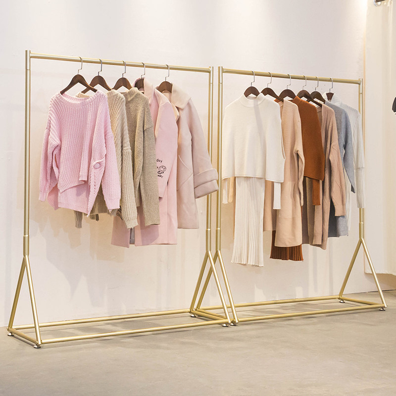 服装店简约纳米金色展示架可推拉女装店中岛货架可移动挂衣架带轮