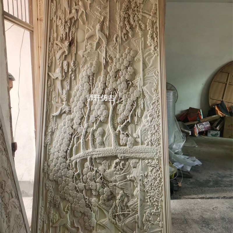 东阳木雕迎客松百鸟朝凤雕花板手工挂屏客背景墙隔断中式实木定制
