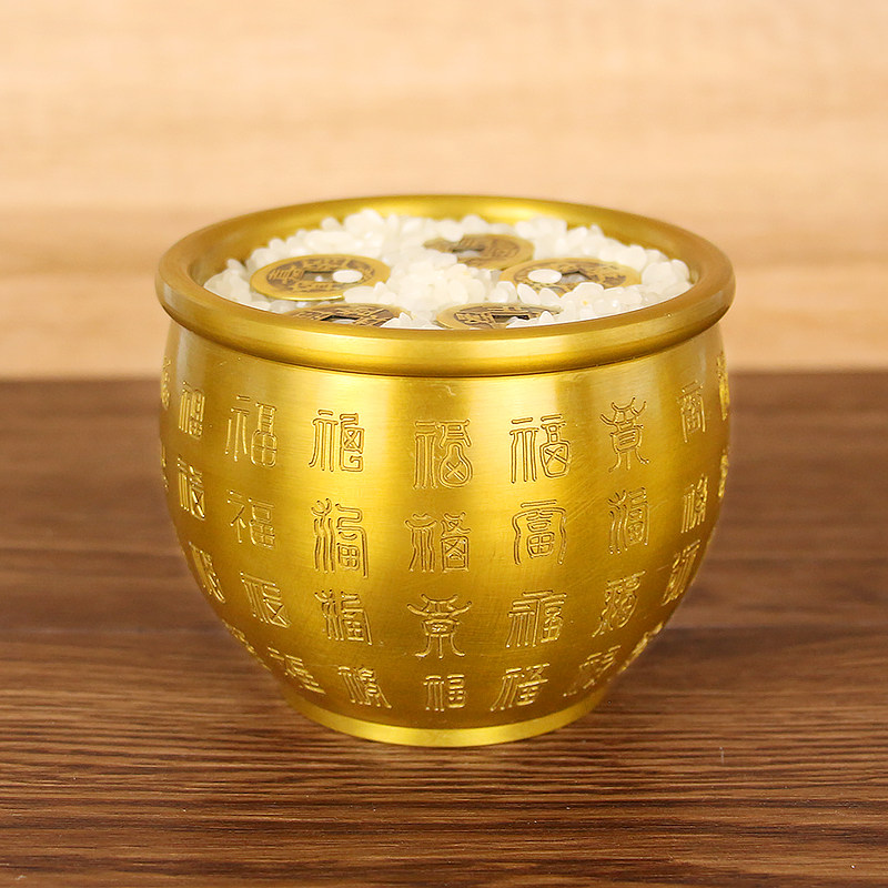 黄铜米缸摆件中式客厅装饰聚宝盆摆设家用铜盆装饰冰箱上摆件