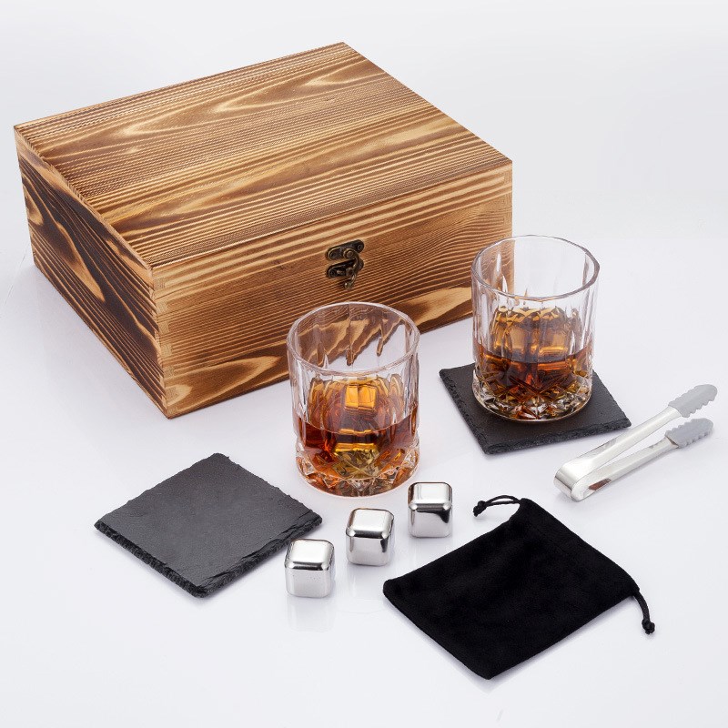 创意不锈钢冰块威士忌酒杯木盒套装送礼家用洋酒杯玻璃酒杯烈酒杯