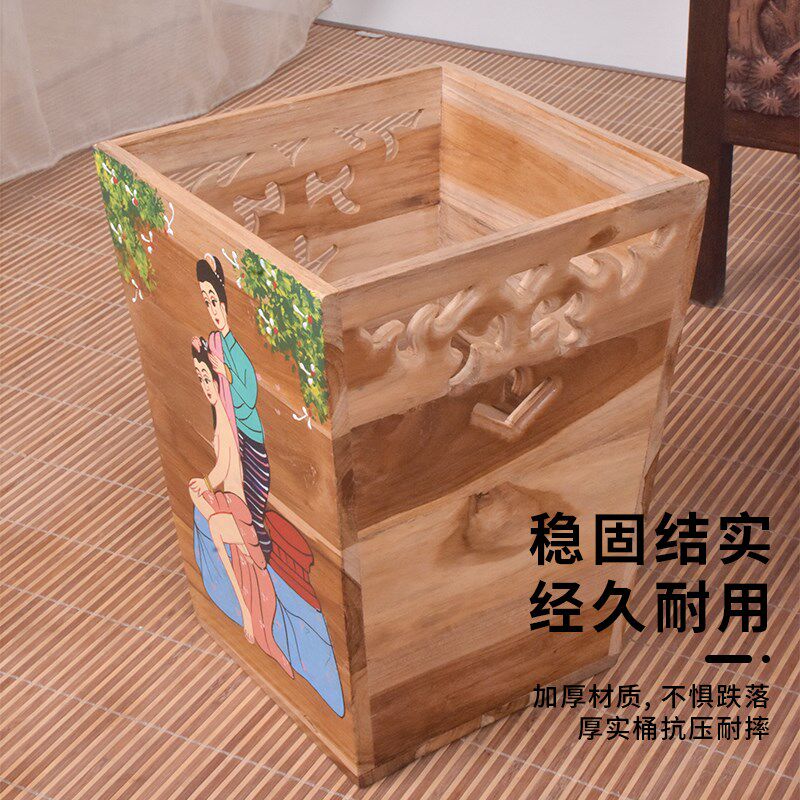 实木垃圾桶家用客厅卧室厨房田园风创意轻奢新中式纸篓木制收纳桶