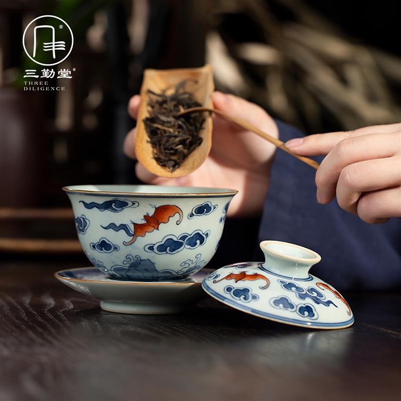 三勤堂中式青花瓷斗彩盖碗手绘景德镇三才茶碗单个茶杯不烫手茶碗