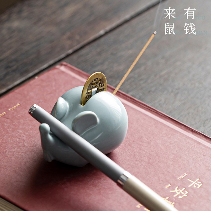 汝山明汝瓷有钱鼠招财茶宠汝窑茶宠家用摆件老鼠香插企业定制摆件