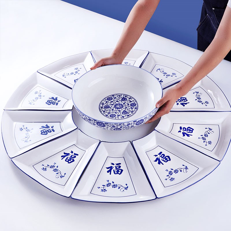 青花套盘网红套装拼盘团圆餐具组合碗碟陶瓷菜盘盘子过年家用2022