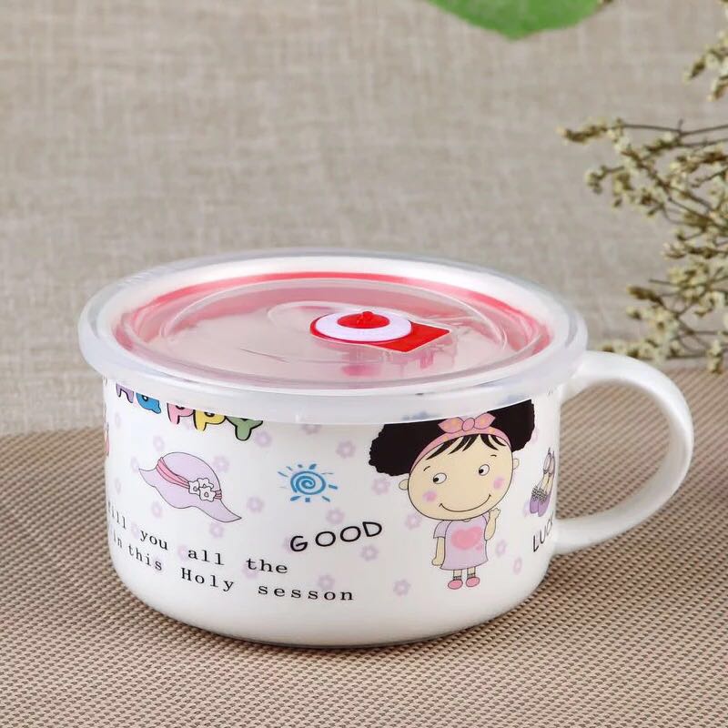 陶瓷保鲜碗密封上班族饭盒5.25英寸带盖泡面碗微波炉有手柄早餐杯图片