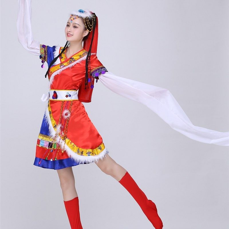 藏族舞蹈服少数民族表演服水袖演出服束腰斜摆长短群女装六一儿童