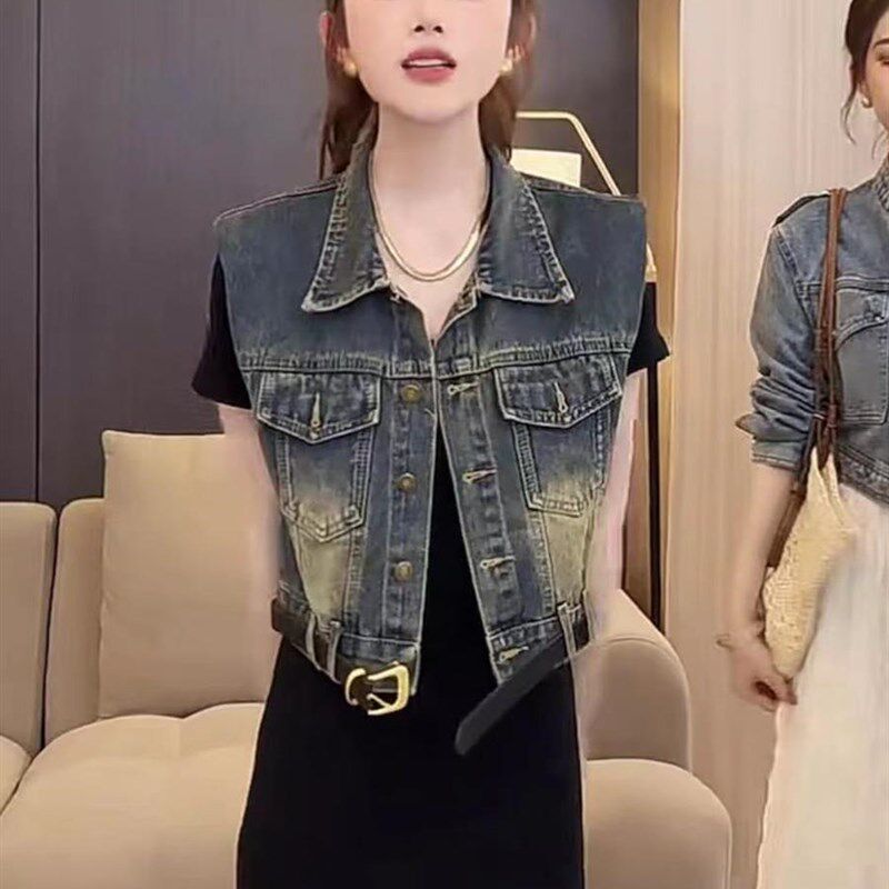 港味复古洗水渐变无袖牛仔马甲女2024夏百搭修身休闲背心马夹外套