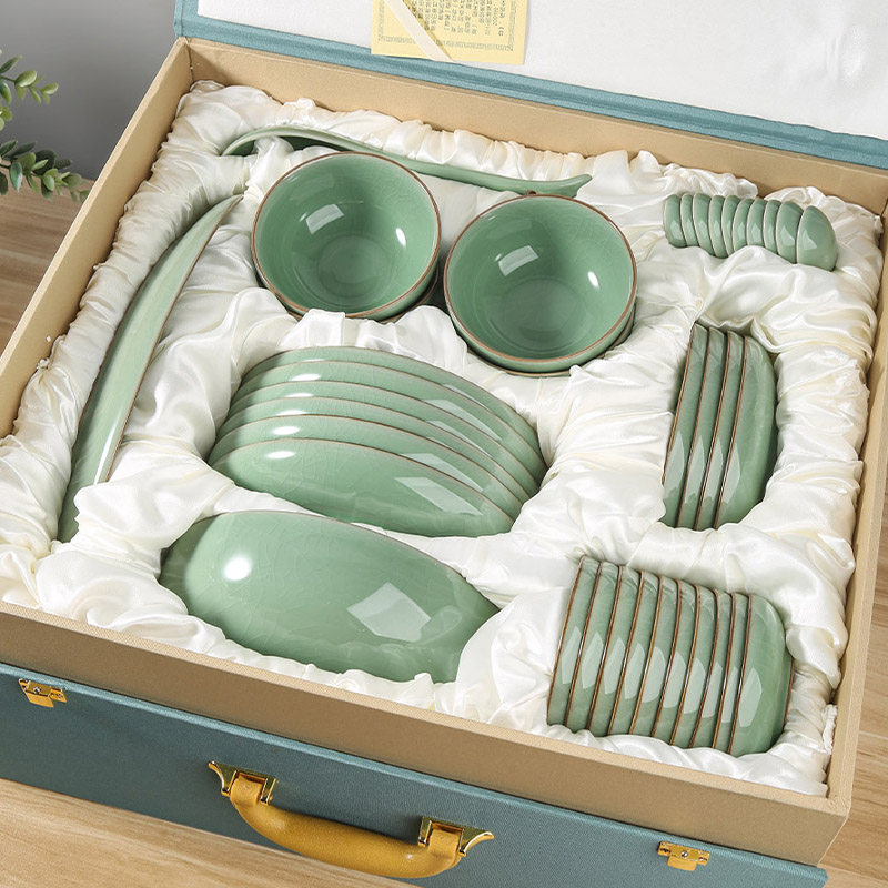 青瓷冰裂纹餐具套装碗盘碟家用多件中式家用陶瓷碗盘子乔迁礼盒装