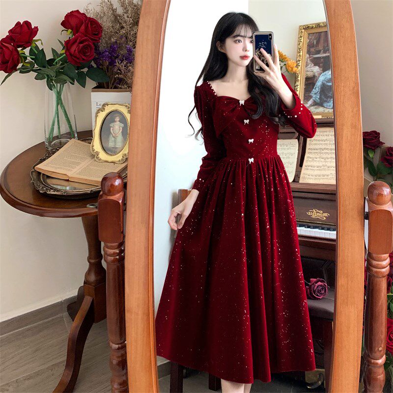大码秋冬新款结婚订婚圣诞酒红色晚礼服女高级感新娘服法式连衣裙