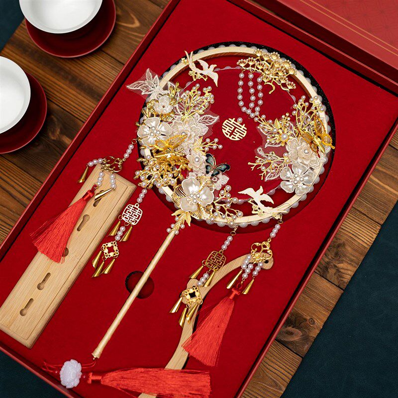红色双面团扇婚礼DIY材料包 新娘结婚用红扇成品 复古怀旧风格团
