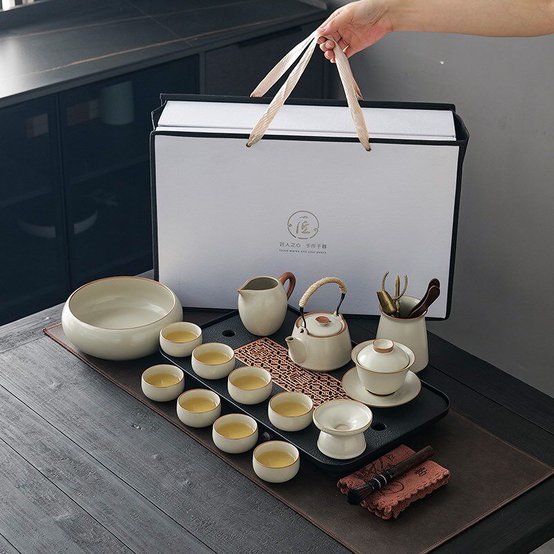 汝窑整套茶具陶瓷家用轻奢礼品定制实用公司年会送客户中秋开业礼