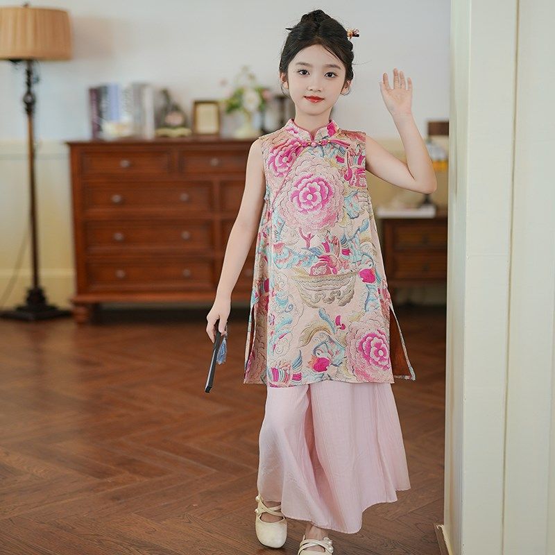 53870女童新中式国风汉服套装2025夏季新款古风女孩旗袍上衣裤子