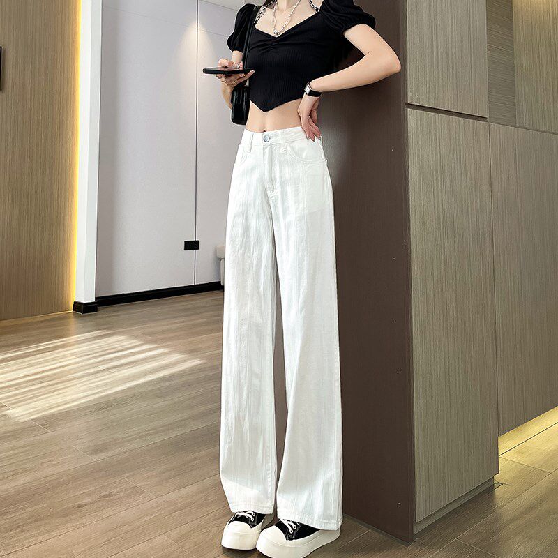 白色阔腿牛仔裤女夏季高腰显瘦宽松垂感窄版直筒小个子薄款长裤子