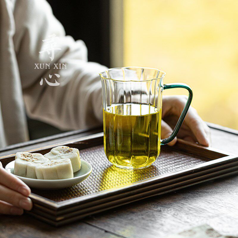 寻心喝茶专用玻璃绿茶杯泡茶水杯女士花茶杯带把手家用耐高温杯子