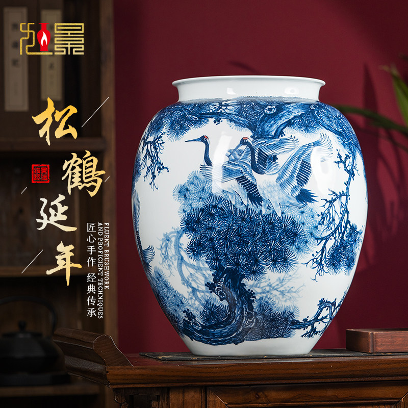 景德镇陶瓷花瓶新中式手绘青花瓷摆件玄关柜客厅插花瓷瓶装饰大号