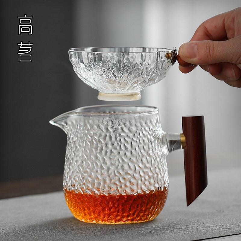 玻璃公道杯三件套茶水分离泡茶公杯侧把分茶器锤纹盖碗带茶漏套装