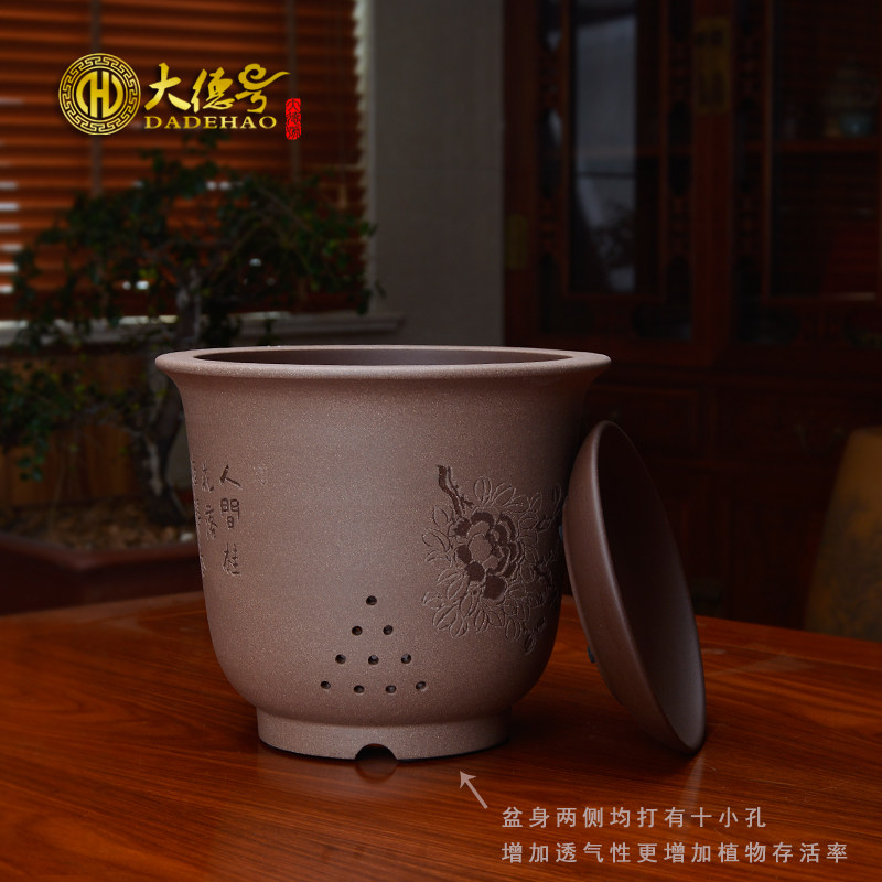 君子兰花盆 粉浆手工刻绘带托盘兰草吊兰绿植盆栽 宜兴紫砂花盆