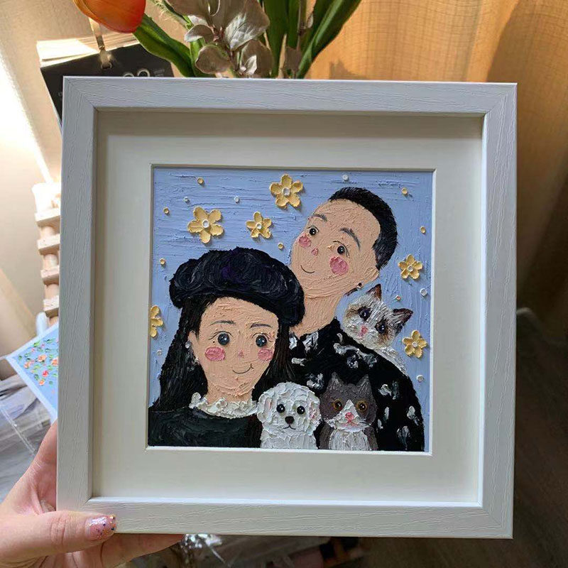 定制纯手绘油画棒画情侣双人卡通人像肖像油画情人节生日礼物摆件