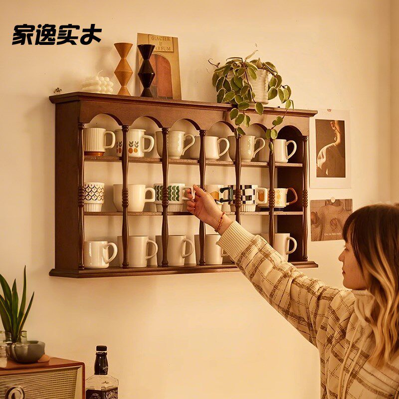 复古实木置物架壁挂杯子收纳架桌面杯架墙上咖啡杯茶杯手办展示架