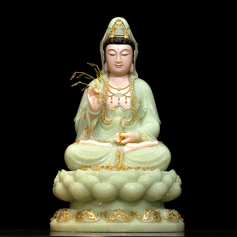 娑婆三圣坐像 汉白玉佛像 翠玉镶金观音菩萨地藏王释迦牟尼佛摆件