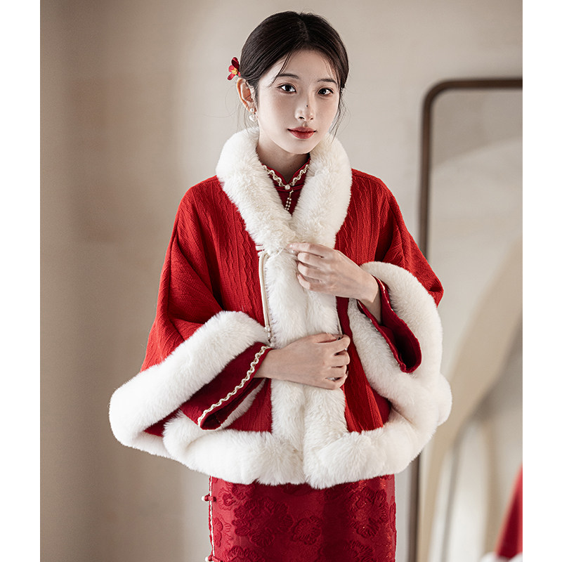 红色旗袍披肩秋冬季敬酒服婚礼新娘结婚加绒加厚保暖斗篷外套披风