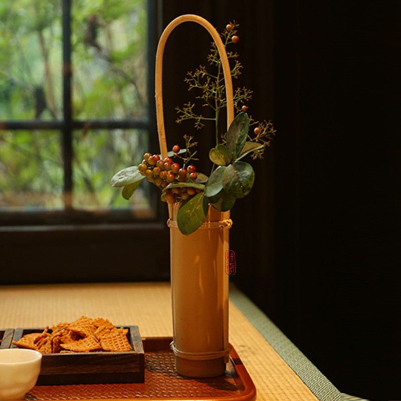 日式原竹花器可蓄水竹筒花筒插花花器可挂墙摆放复古竹制花道配件