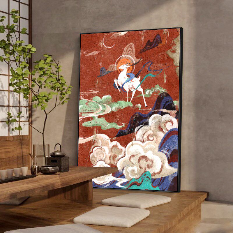 新中式玄关装饰画寓意好的过道走廊敦煌壁画红色艺术客厅挂画福鹿