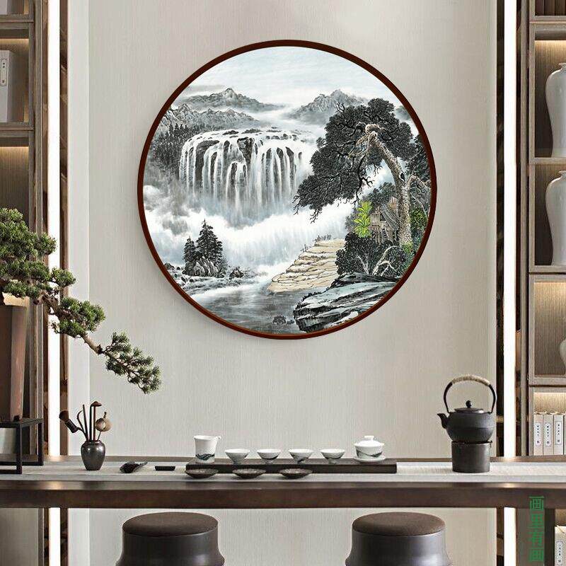 新中式玄关客厅挂画禅意圆形装饰画山水迎客松旭日东升水墨墙定做
